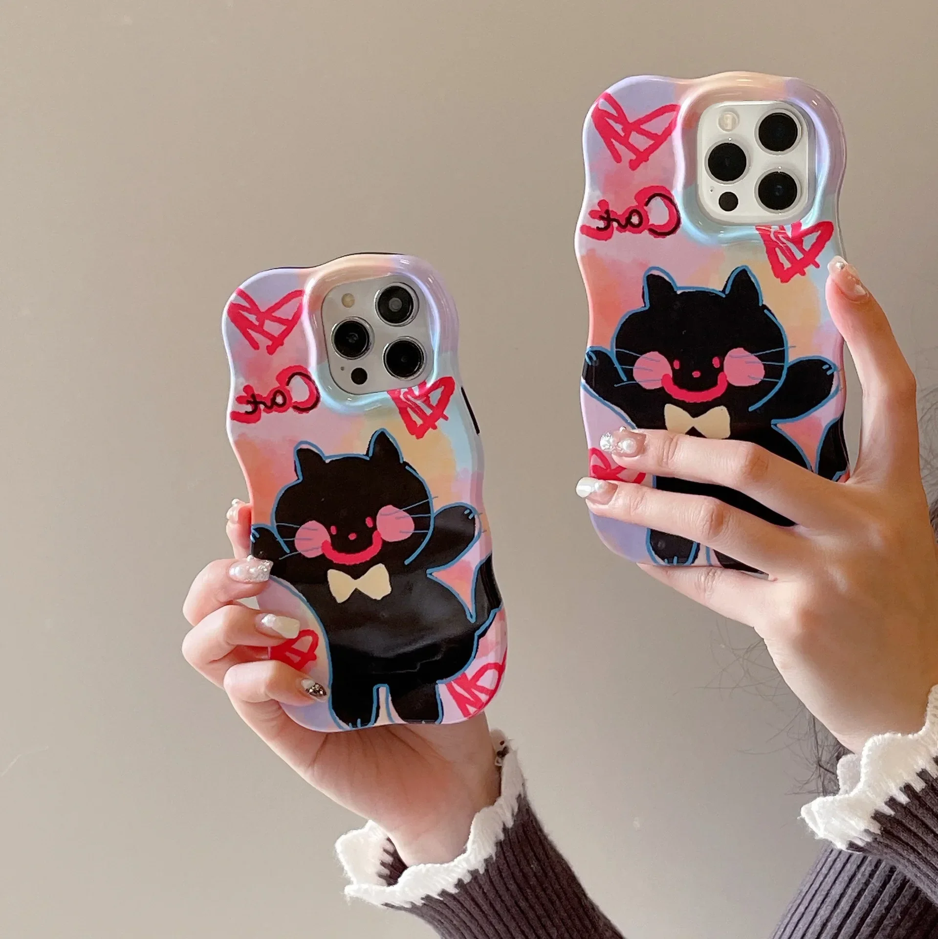 Retro Funny Black Cat Graffiti kitten Phone Case For iPhone 16 15 14 13 12 11 Pro Max Case Cute Cartoon luxury shockproof Cover