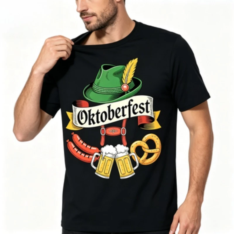Men  T‑shirt, Oktoberfest German Beer Festival Graphic Print With Hat Sausage Pretzel Short‑sleeve Tee Holiday Male Casual Tops