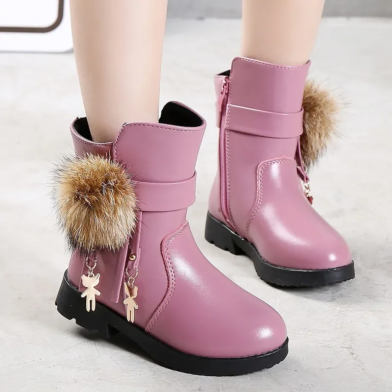 Fashionable Kids Fleece-Lined Long Boots Girls Flat Wear-Resistant PU Shoes Teen Mid-Calf Boots Child Thickened Warm Snow Boots