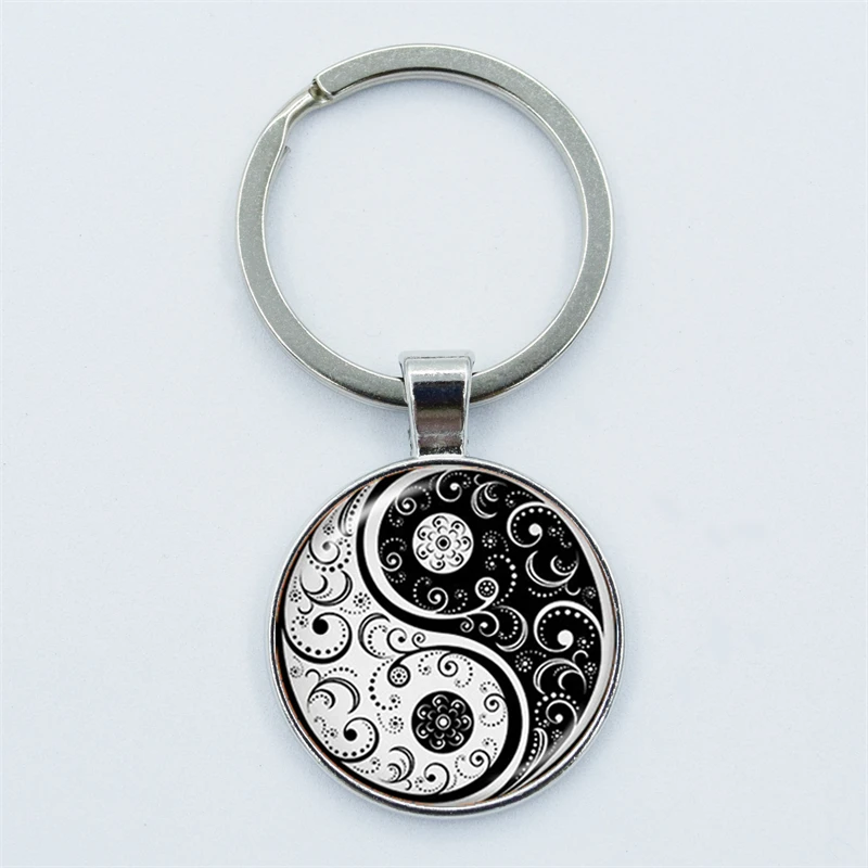 يين يانغ تاي تشي رمز المفاتيح Charms الزجاج كابوشون مجوهرات لطيف حقيبة قلادة المفاتيح ل مفاتيح السيارة حلقة رئيسية هدية