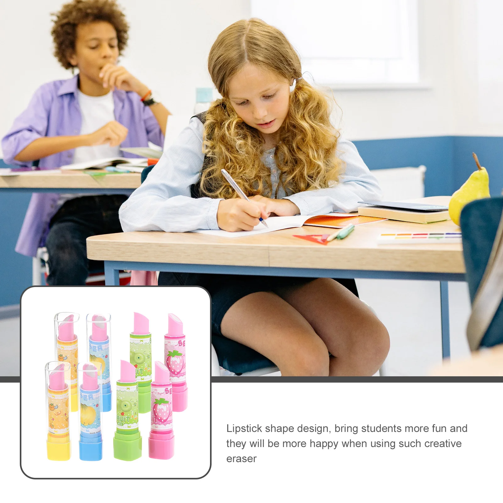 

8 Pcs Lipstick Eraser Erasers for Kids Rubber Fruit Cute Funny Student Shape Cartoon