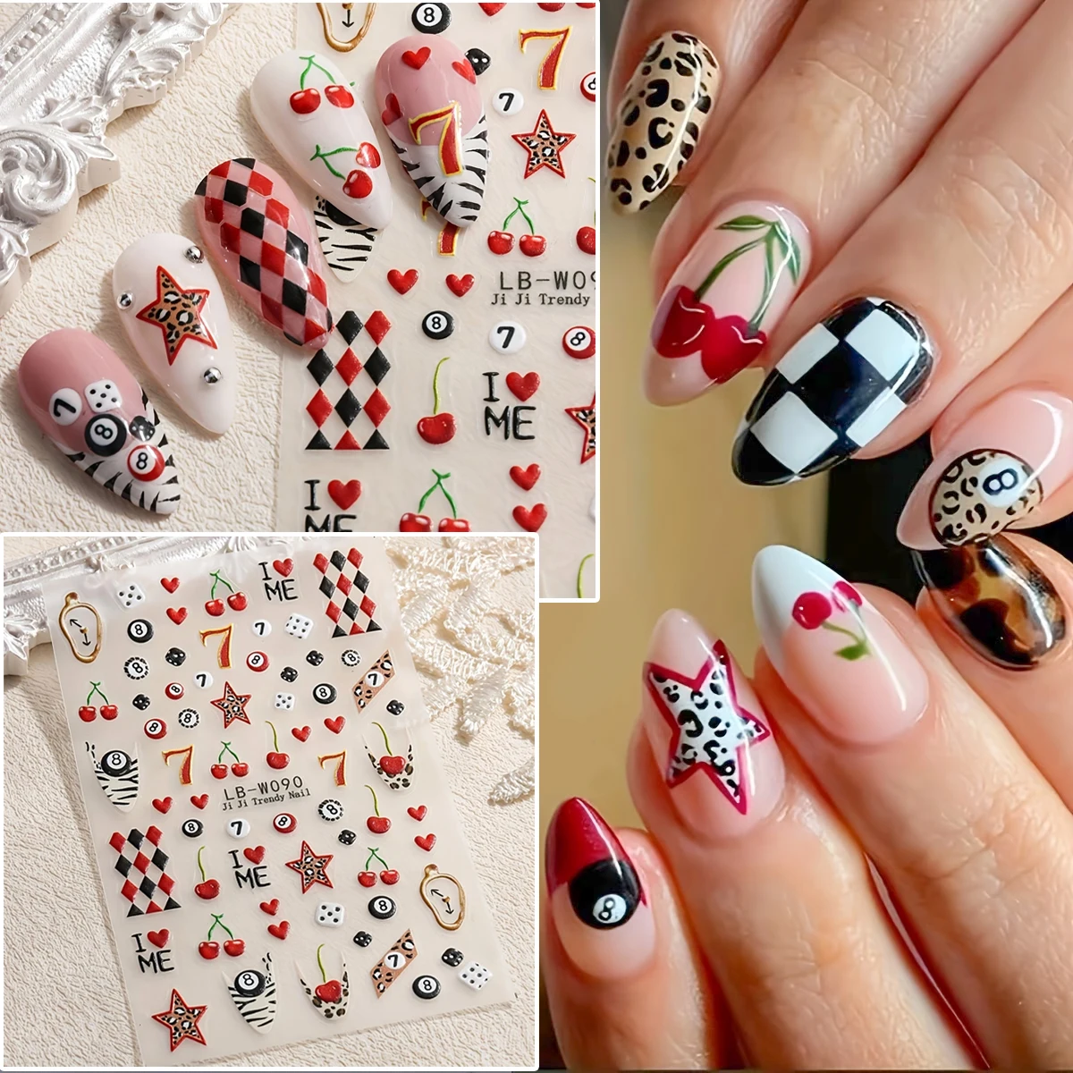 

2026 Trendy Nail Art Stickers Zebra Leopard Star Plaid Cherry Heart Cartoon Self Adhesive Decals DIY Manicure Nail Decorations