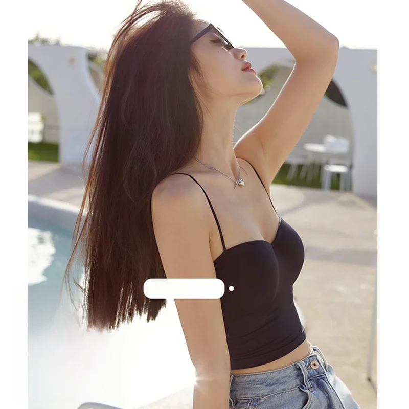 Hong Kong Style Small Strap Vest Women's Summer Beautiful Back Bra Integrated Chest Pad Suit Inner Match Base Tube Top Shirt