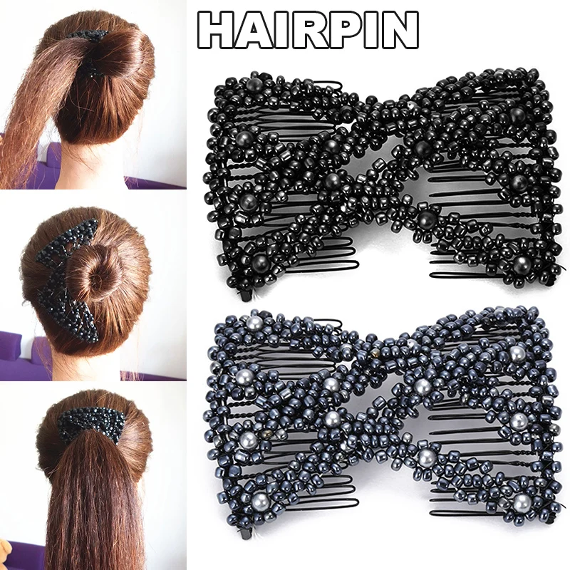 Women Hair Hairpin Magic Twist Rhombus Beads Hair Side Combs Pearl Stretchy Beaded Hairpin Bow Double Stretching Hairstyle Clip