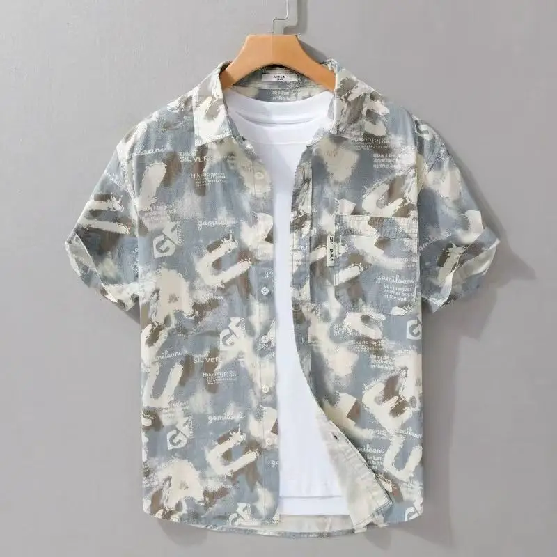 2026 New Short Sleeved Shirt Men's Summer Casual Men Vintage Washed Tie Dye Navy Star Print Street Daily Wear Top