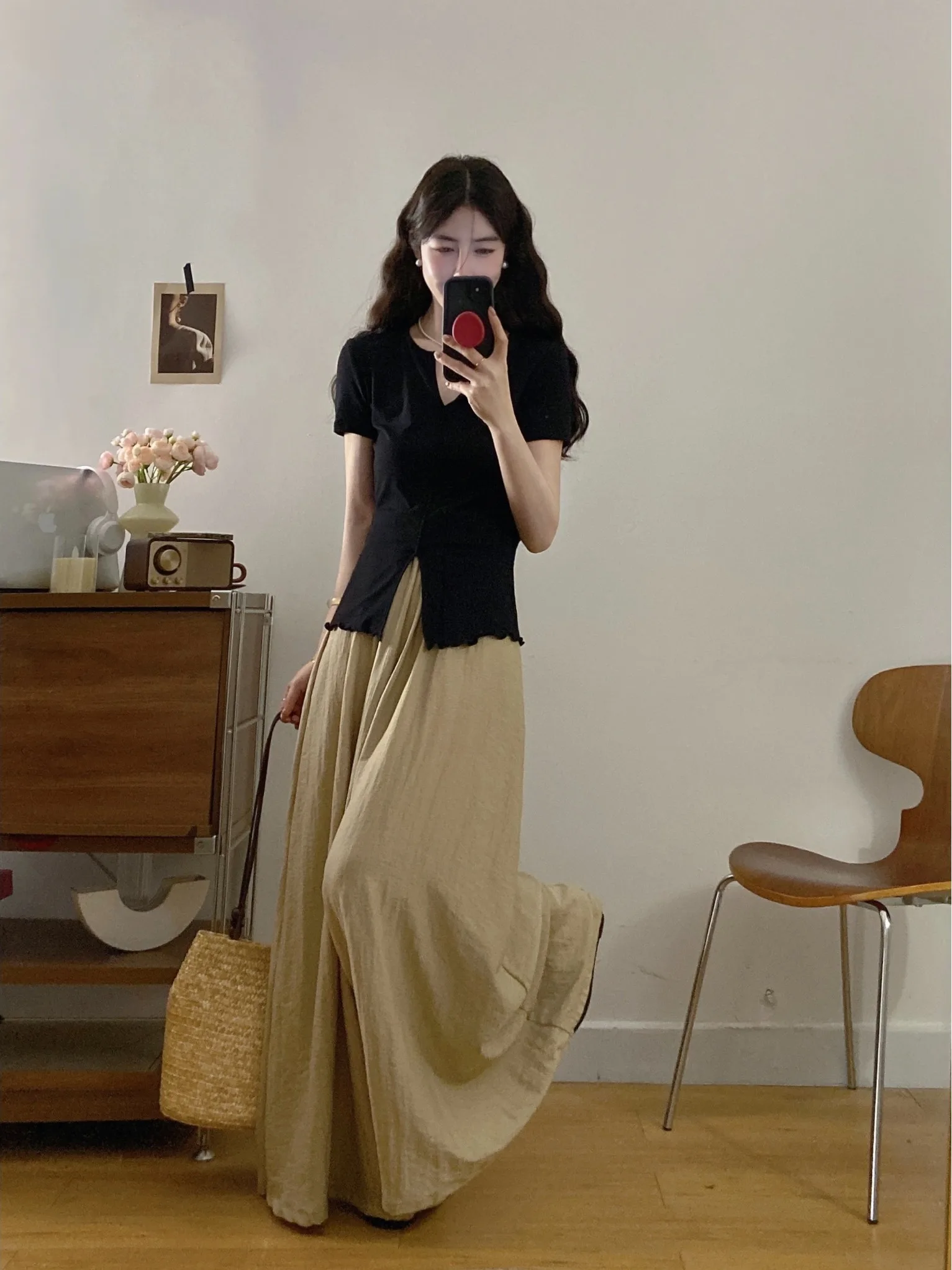 

plus Size Fashionable Loose V-Neck Short Sleeve Elastic Waist Wide Leg Pants Set Women's Korean Style Summer Outfit