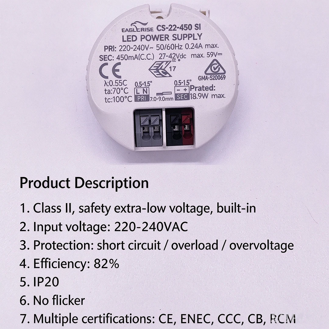 Eaglerise 4.8W-42W DC24-42V 500mA 600mA 700mA 800mA Round LED Driver AC220-240V No Flicker Constatant Current