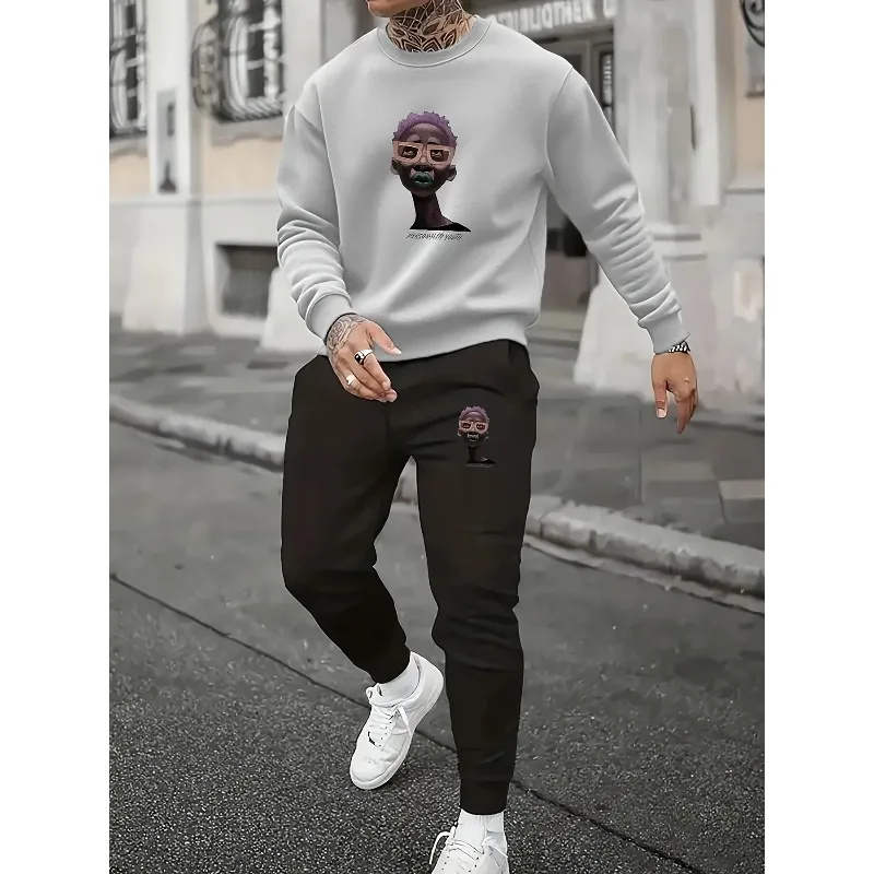 

Fashionable Youth Street Culture Printed Men's Round Neck Hoodie And Pants Set, Autumn And Winter Casual Sportswear,