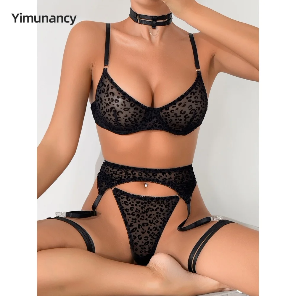 

Yimunancy 5-Piece Sexy Lingerie Set Women Sensual Leopard Flocking Bra +Brief Underwear Set Erotic Garter Kit Intimates