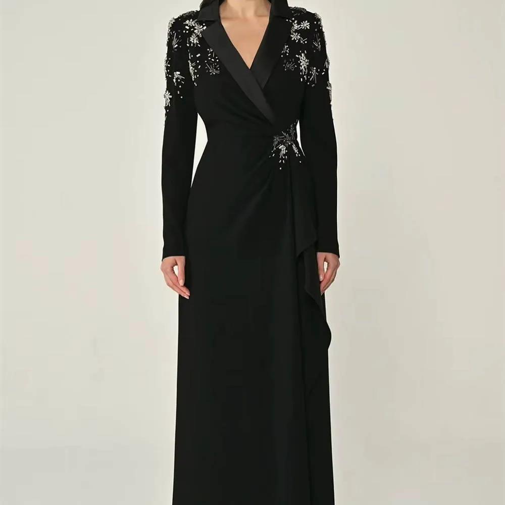 Abito da sera semplice personalizzato in jersey nero Abito da festa classico con maniche lunghe con scollo a V Abiti da ballo lunghi fino al pavimento di alta qualità