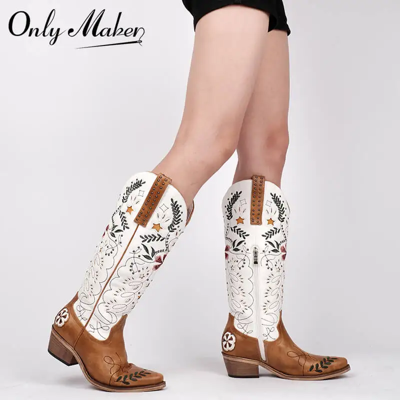

Onlymaker Women Pointed Toe Rivet Pull On Knee High Embroidery Western Cowgirl Boots Chunky Heel Embroidery Cowboy Boots