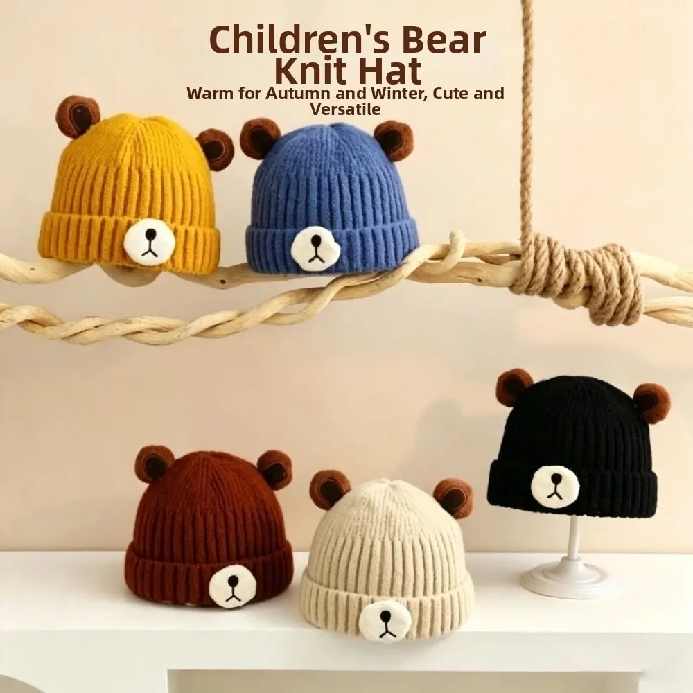 Knit Material Bear Ears Knit Hat Warm Lining Cartoon Design Cartoon Beanie Cap Pullover Style Soft Fabric Infant Beanie