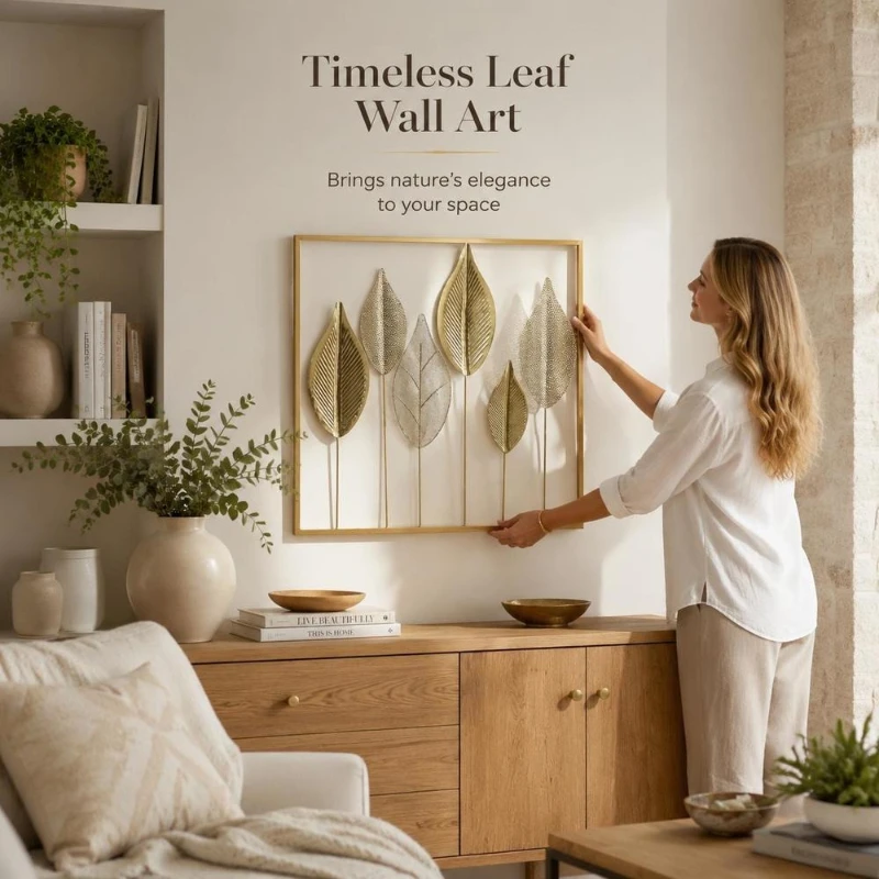 Décoration murale en étain doré 70x70cm, ornement mural en forme de feuille au design moderne, sculpture murale élégante pour salon, chambre, bureau et entrée, art décoratif d'intérieur de style contemporain avec motif naturel, raffiné et original