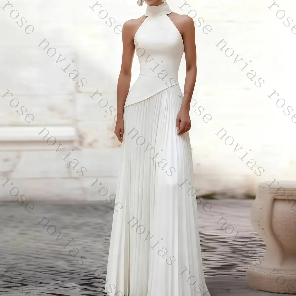 Customized Satin A-Line Wedding Dress Sleeveless High Neck Deep V Back Bow Detail Long Train Bridal Gown 2026 Outdoor Ceremony