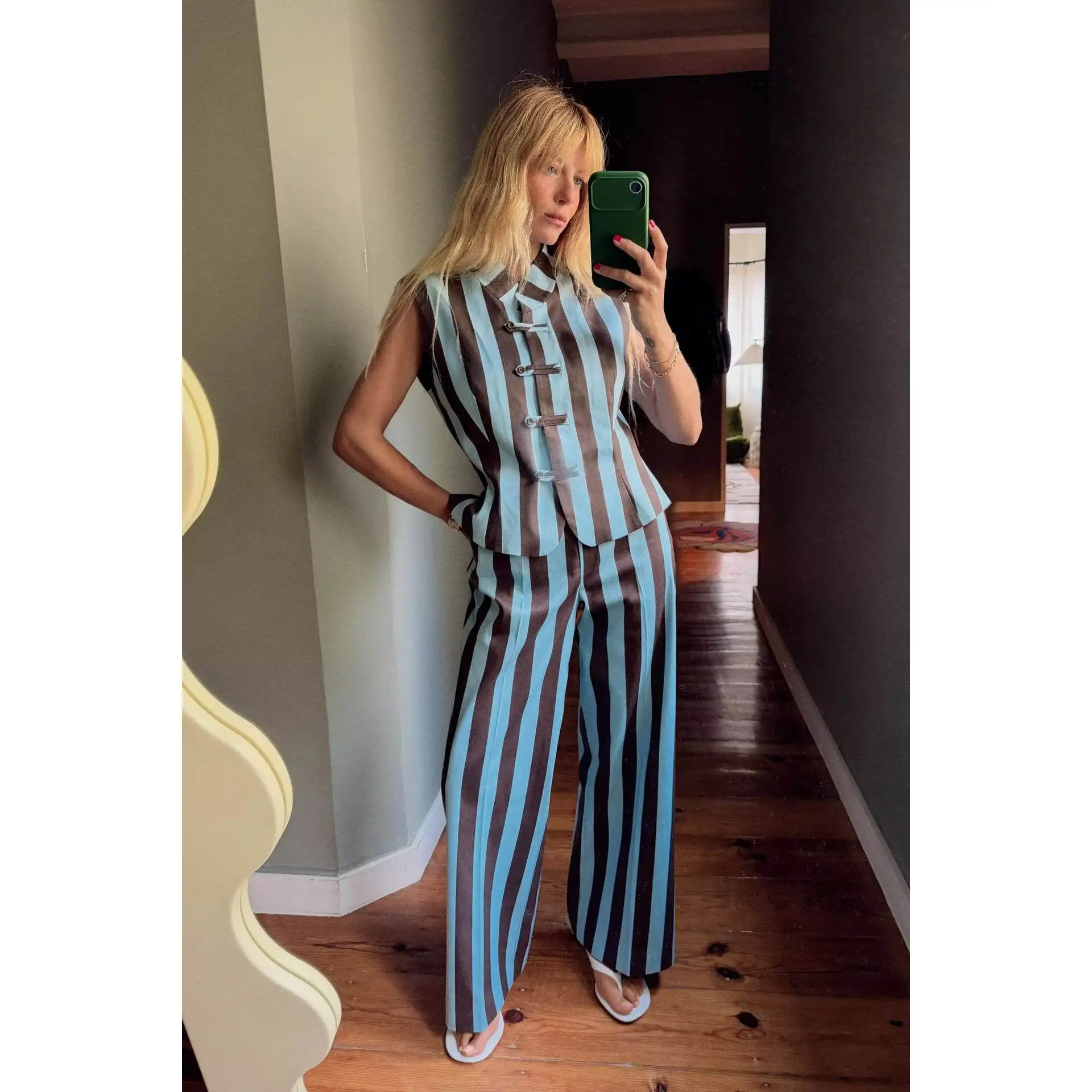 New Summer Women's Striped Vest Top And Straight Leg Pants Fashion Set Short Sleeve Zipper Closure Casual Outfit Two Piece Set - view 4