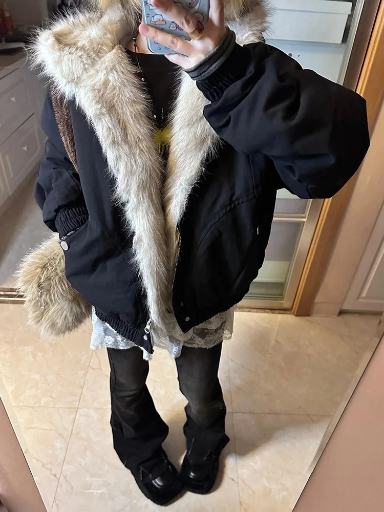 

Thiened Fce Winter Jaet Men's Hooded Coat with Fur Collar Cotton Workwear Jaet for Couples American Sle