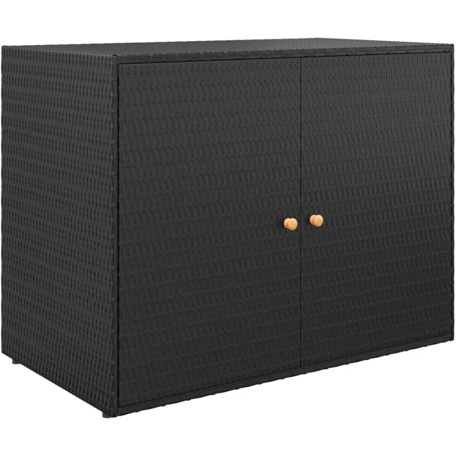 Outdoor garden storage cabinet made of poly rattan wicker in beige, weather-resistant freestanding patio storage unit with lock