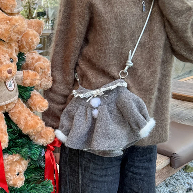 

Cute Clothing Shape Phone Bag Women Lace Edge Strap Round Ball Crossbody Bag Creative Plush Skirt Bag Adjustable Shoulder Strap