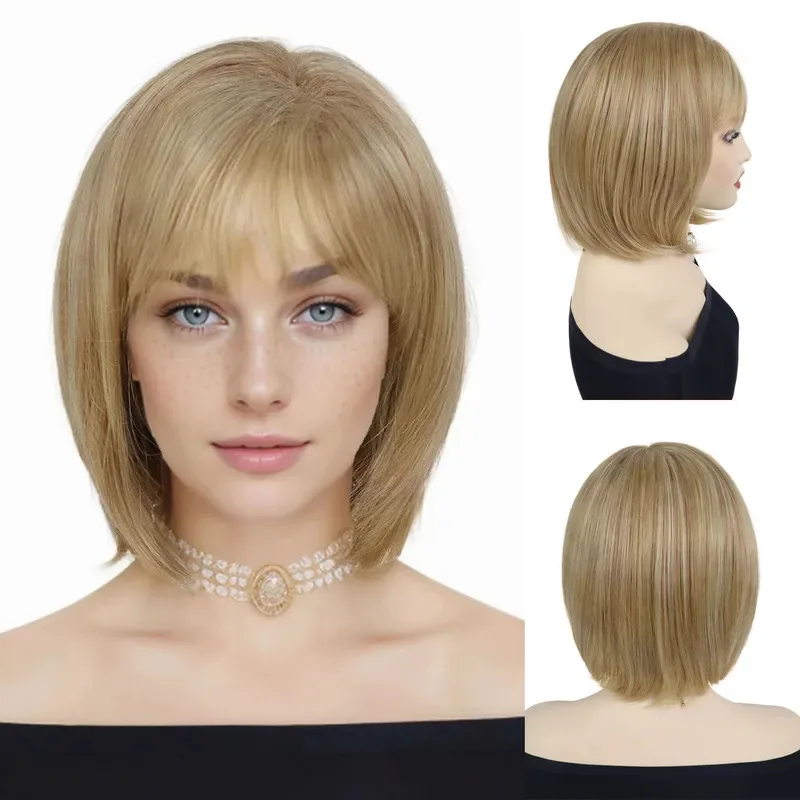 

Синтетические смешанные блондинки Боб с челкой Короткие прямые парики для женщин Естественный вид Повседневная вечеринка Парик для мамы Термостойкий yi;4