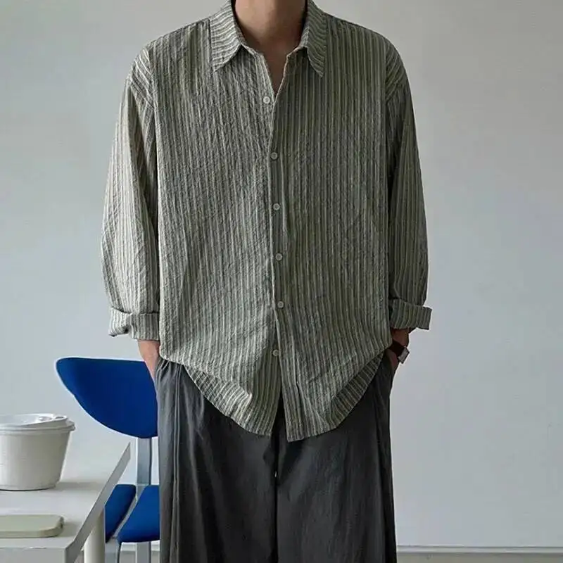 Vintage Green Textured Striped Men's Shirt 2026 New Korean Style Loose Bouse Casual Long Sleeve Top Single Breasted 9XTBM7