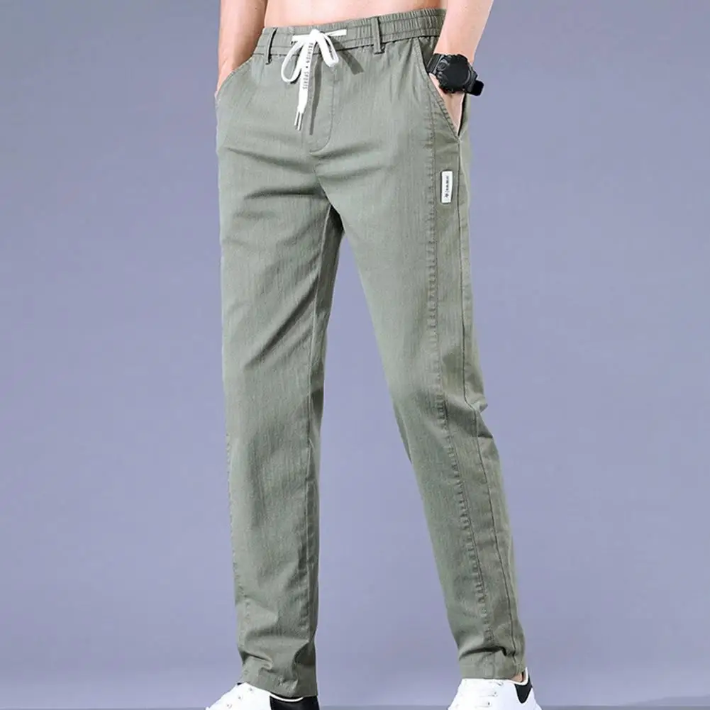 

Straight Leg Trousers for Men Solid Color Men Pants Men's Drawstring Elastic Waist Slim Fit Pants with Pockets Soft for Casual