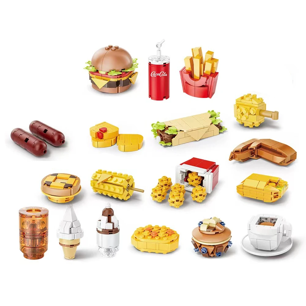 City food building accessories to play with friends,creative DIY food building block toys,including burger fries cola and more