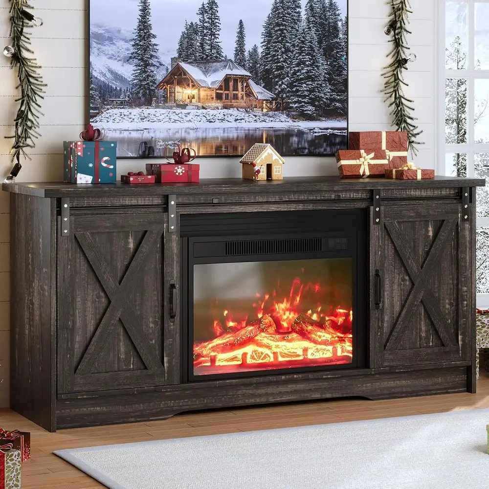 

65 LED TV or Electric Fireplace, Sliding Barn Door Cabinet, Adjustable Storage, Living Room Espresso Brown