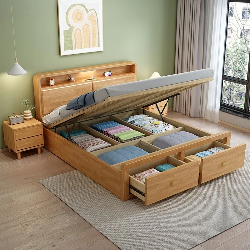 Cama Estofada Moderna Estilo Nórdico Queen/King Size com Gavetas Elevadas para Armazenamento a Vácuo para Quarto