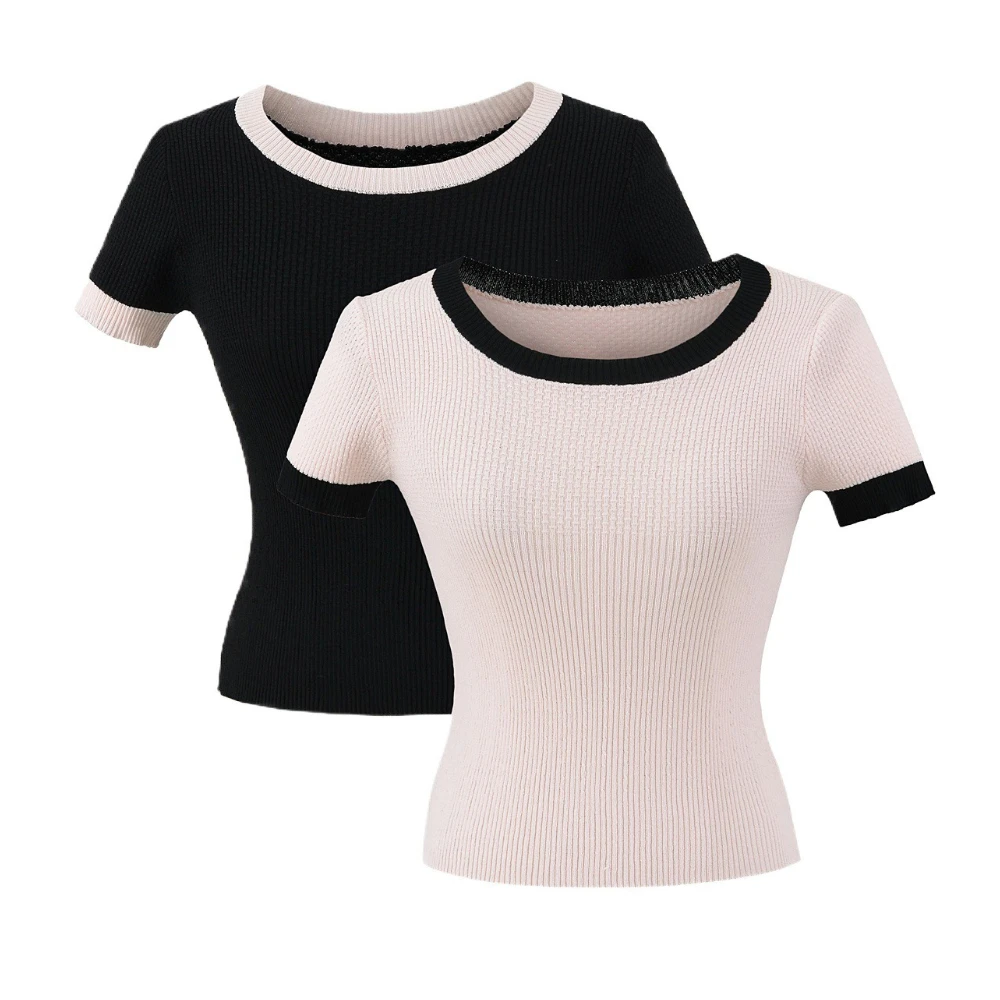 เนื้อใหม่ของผู้หญิง Spice Girl สีตัดกันถักแขนสั้นฤดูร้อนเข้ารูปพอดีเสื้อคุณภาพสูง