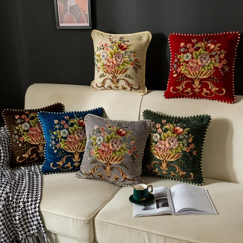 Jacquard Flower Cushion Pillowcase Retro European Style Living Room Sofa Backrest High Precision Embroidery Cushion Cover 45*45