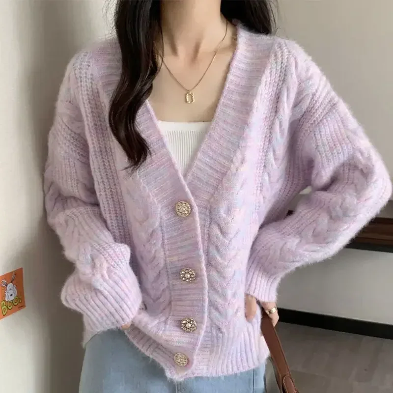 V คอถักเสื้อสเวตเตอร์ถักผู้หญิงฤดูใบไม้ร่วงฤดูหนาวหลวมเสื้อแขนยาว Office Lady All-Match เสื้อถัก Tops