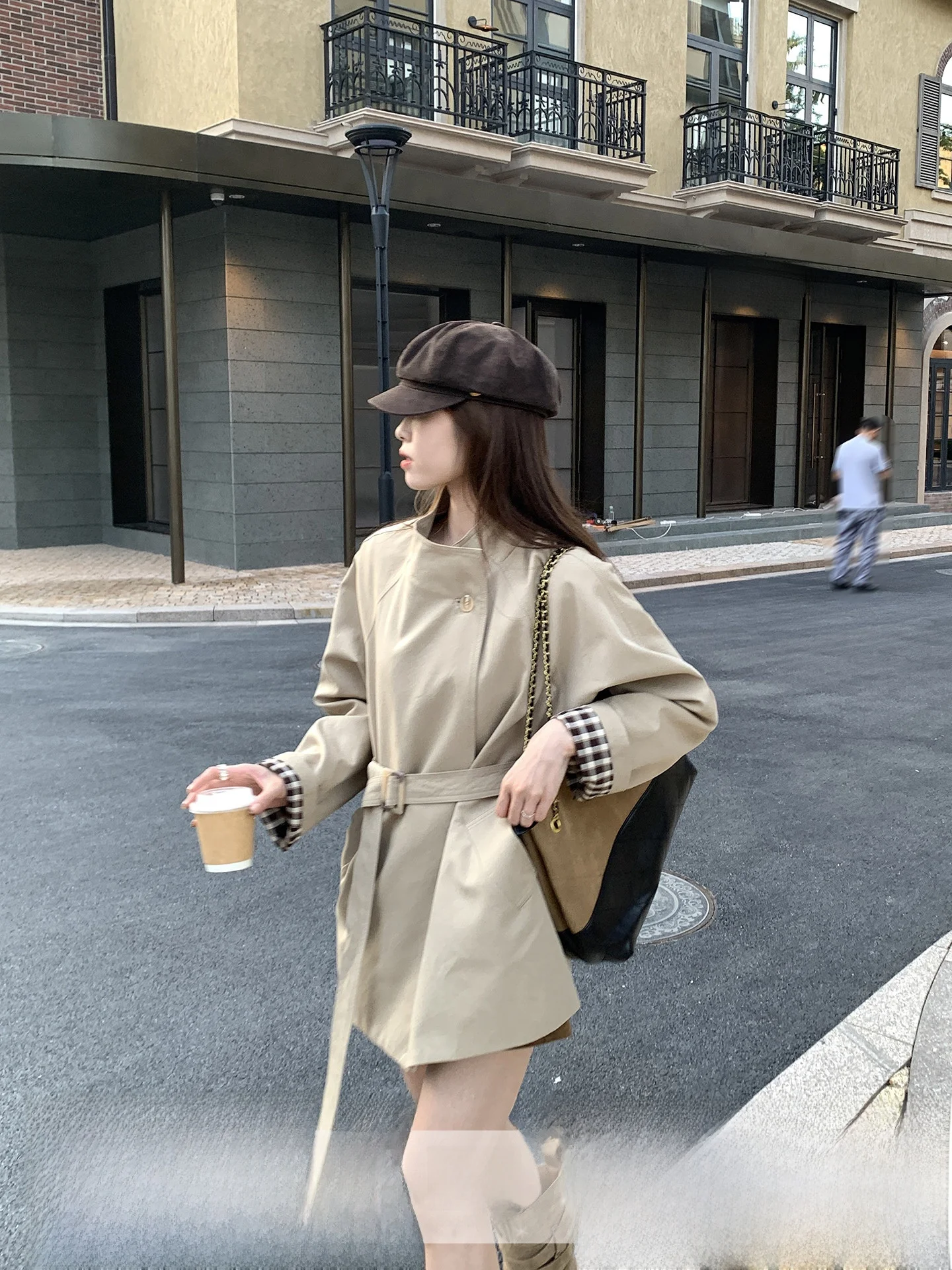 

Women's Commuter Casual Long Sve Cheered Coat Loose Fit Stand Collar One Button Design Korean Sle Cotton Polyester Blend