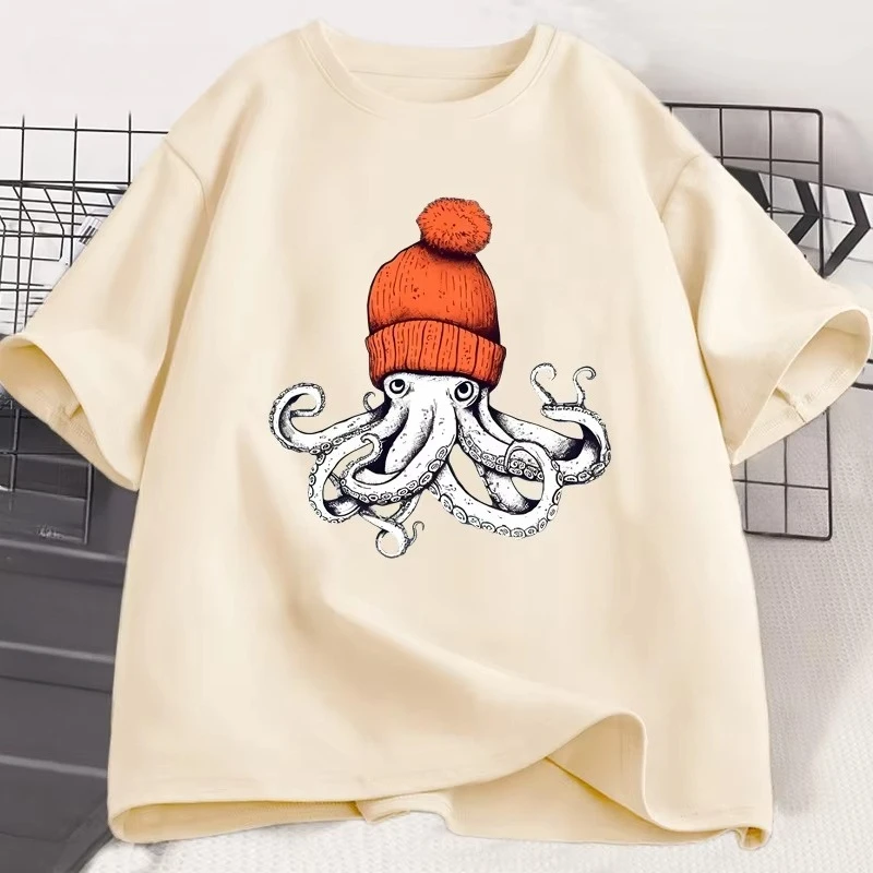 Octopus Orange Beanie Cotton T-shirt Japanese Style Graphic Tees Casual Cotton Short Sleeve Round Neck Tshirts Unisex Clothes
