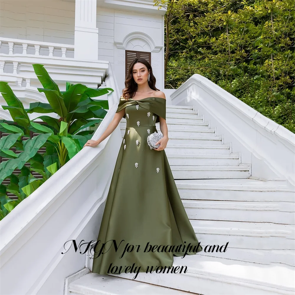 

NFYN Olive Green Prom Dresses Off Shoulder Gala Dresses with Crystal Embellishments Saudi Arabic Evening Party Gown Customized