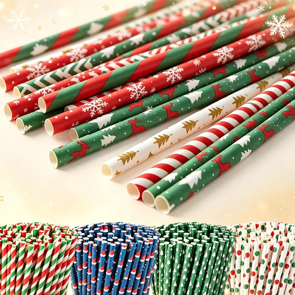 25-150pcs Christmas Paper Straws Red Green Stripe Wave Christmas Tree Snowflake Print Drinking Straws Xmas New Year Party Decor
