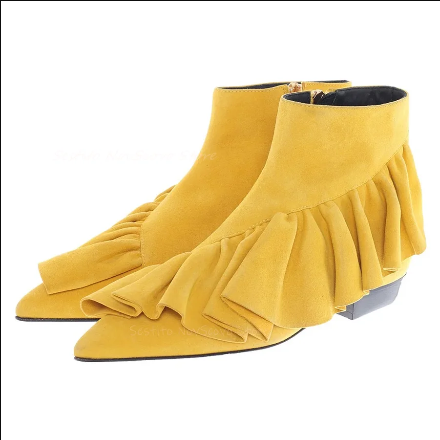 Suede Oversize Ruffle Flat Ankle Boots for Women Autumn Classic Pointed Toe Casual Short Booties Side Zip Sexy Ladies Shoes
