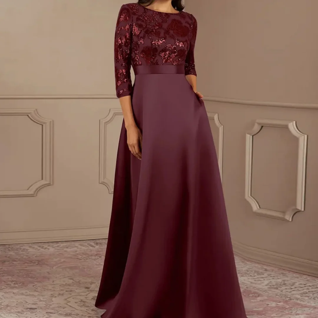 

Burgundy Scoop Mother of Bride Dresses with Lace Beach Women Three Quarter Robe New Wedding Party Dresses Customized