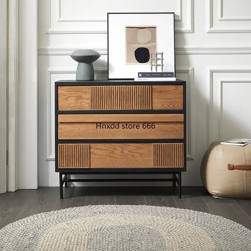 Nordic modern retro teak color solid wood side cabinet