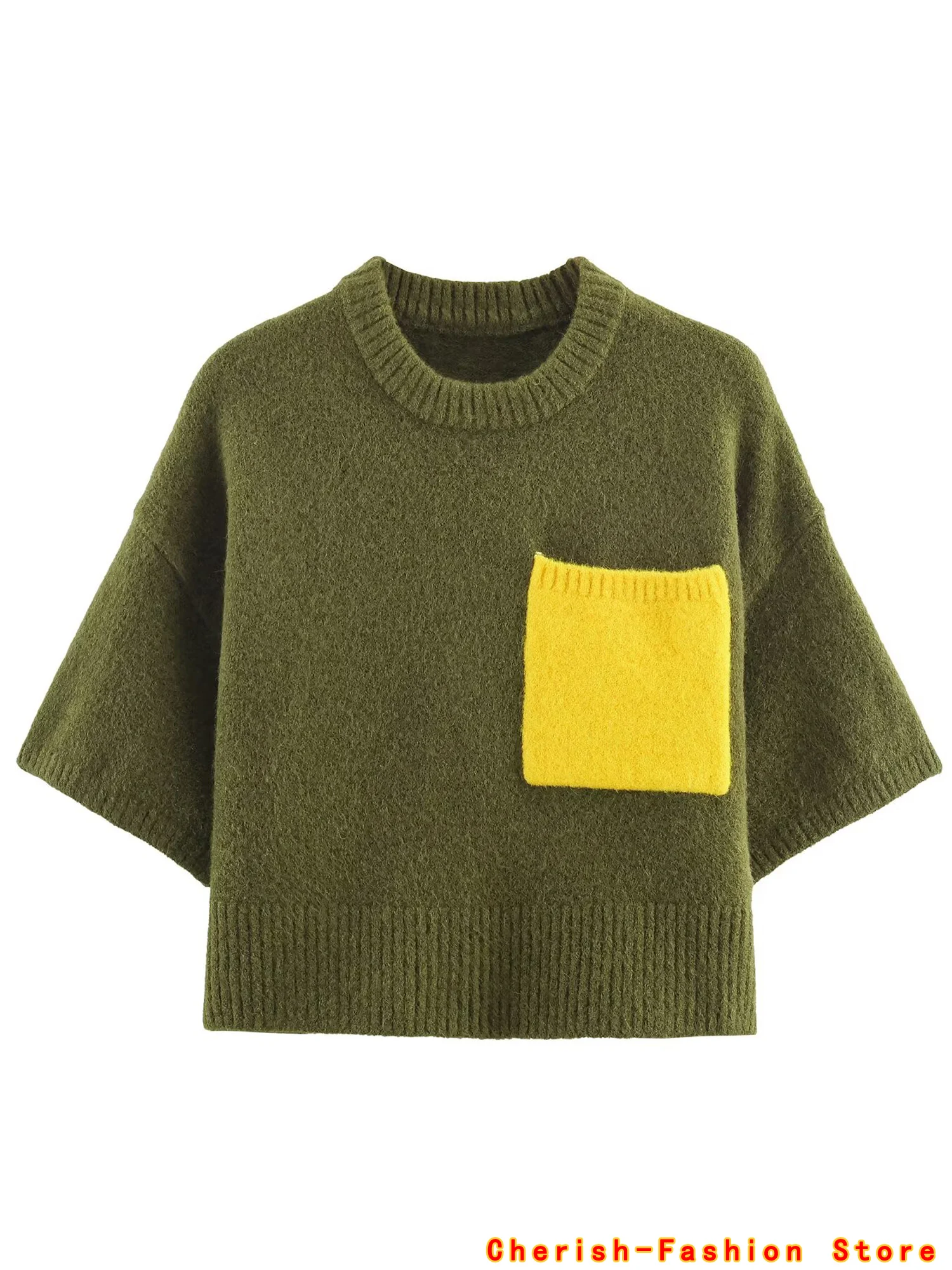 2025 Aurumn New Women's Fashion Casual Knitted T-shirt round Neck Polyester Cotton Contrast Ladies Knitwear Short Sleeve Hot