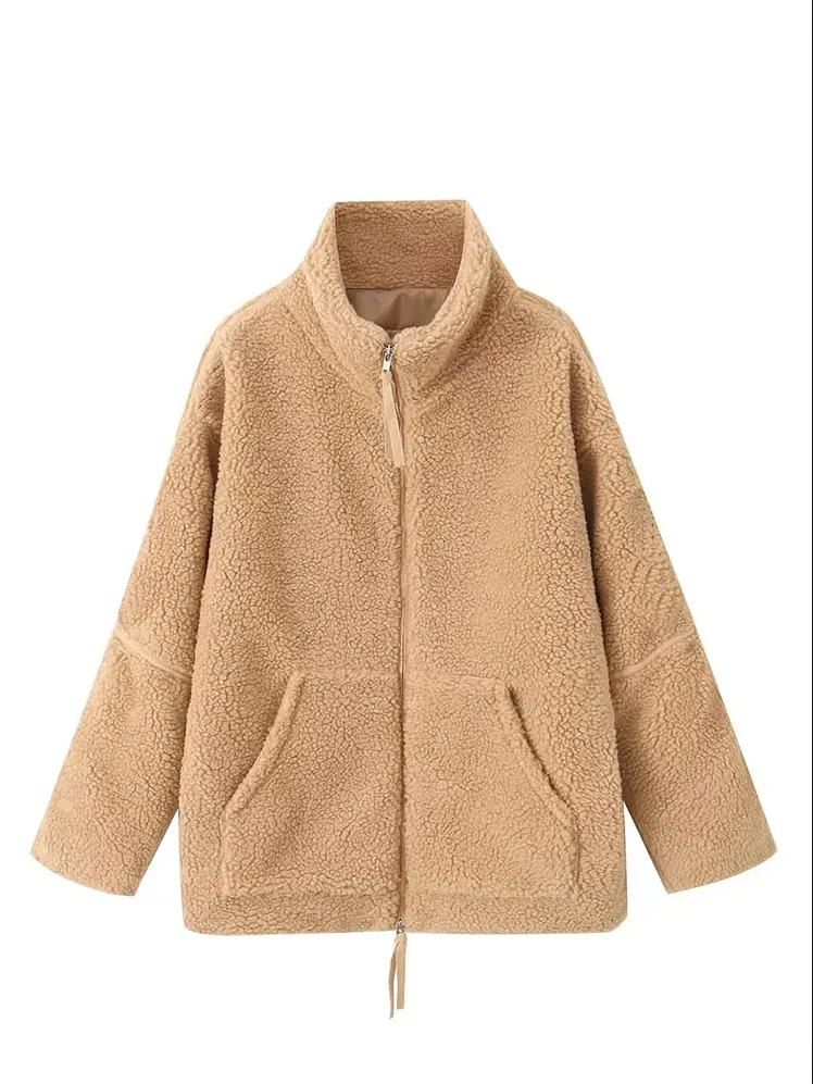 Za Women\'s Warm Lamb Wool Coat Long Sleeve Stand Collar Pocket  Zipper Jacket Female Autumn Fashion Fleece Overcoat Streetwear