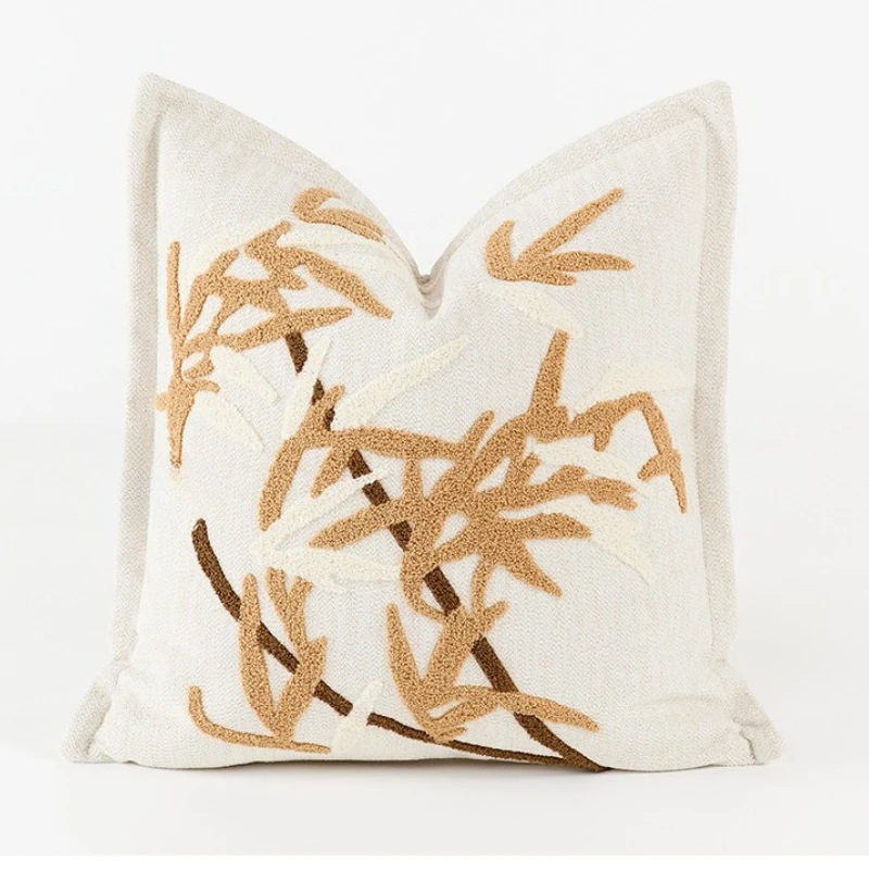 New Chinese-style living room sofa cotton-linen back cushion cover with bamboo leaf embroidery, luxury light bedding pillowcase