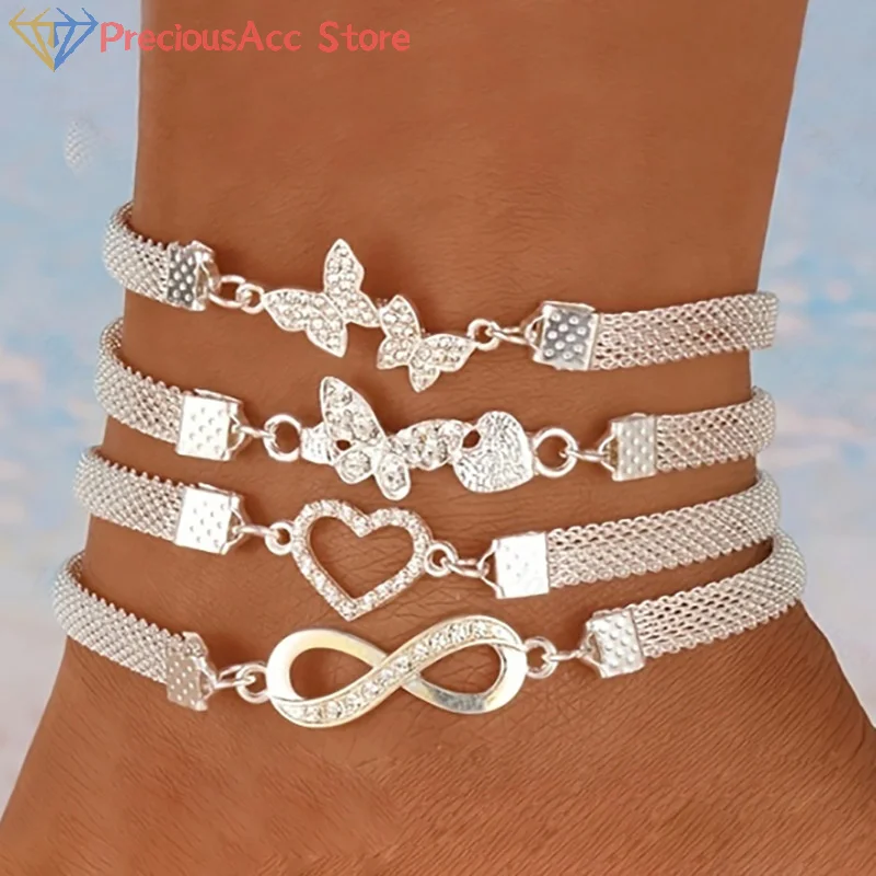 Charm Shiny Infinity 8-character Anklet For Women Butterfly Hand Cross Charm Chain On Foot Leg Girls Ankle Bracelet Jewelry