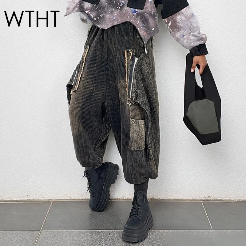 

WTHT новые модные женские вязаные джинсовые свободные брюки 2022, осенние модные эластичные шаровары с высокой талией, женские 1LS2567