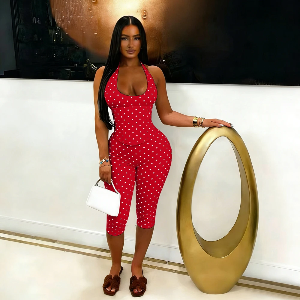 2026 Fashion Summer Women's Jumpsuit with Zipper Halter Backless Romper Polka Dot Print Lace-up Slim Sleeveless Playsuit Outfit - Image 4