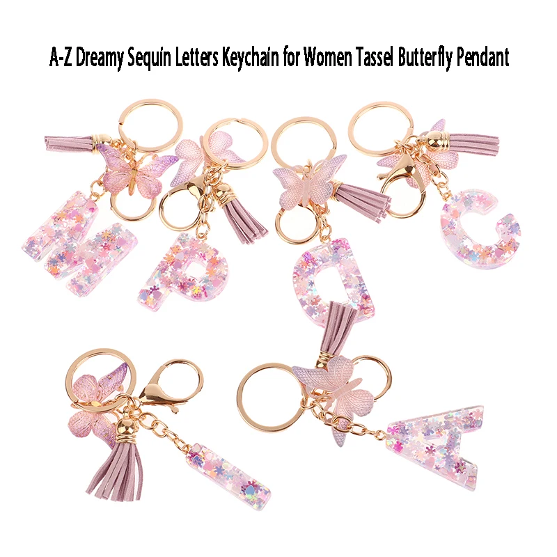 A-Z Dreamy Sequin Letters Keychain For Women Tassel Butterfly Pendant Initial Keyring Purse Suspension Bags Charms Car Key Chain