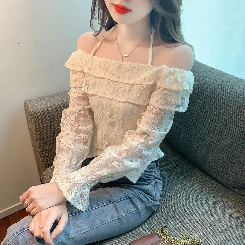 One Collar Shoulder Exposed Lotus Leaf Edge Flared Sleeve Lace Shirt Niche Short Top