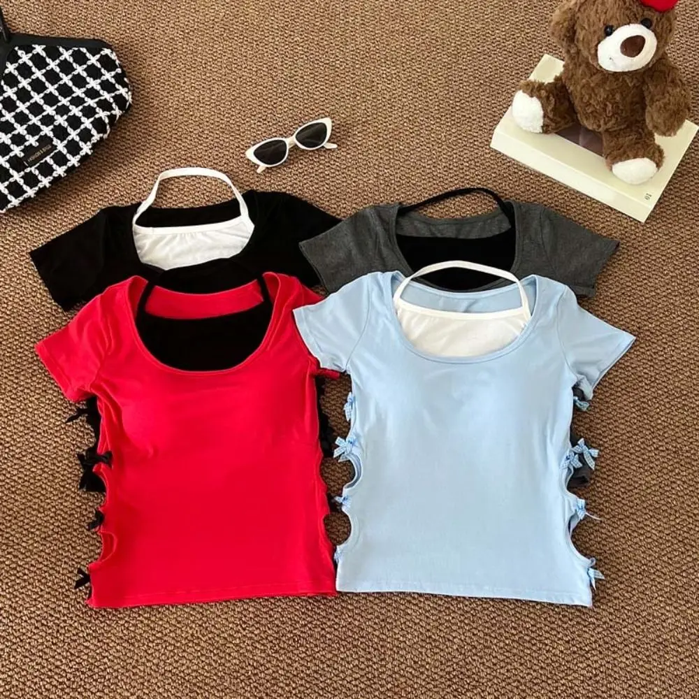 

Streetwear Bowknot Fake Two Pieces T-shirt Hollow Slim Fit Halter T-shirt Women Undershirts with Pads Y2K Crop Tops Girls
