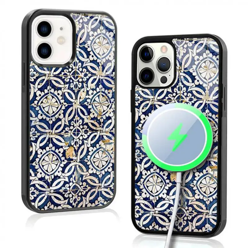 Portuguese Glazed Tiles Phone Case For IPhone 11 12 13 14 15 Plus Pro Max Mirror Acrylic Cover For Magsafe Wireless Charging