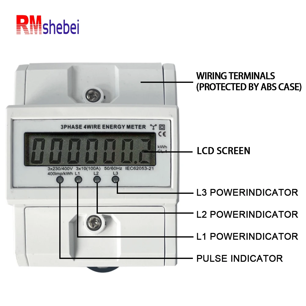 RMshebei Din السكك الحديدية التيار المتناوب 230 380 فولت 3 المرحلة 4 سلك مقياس الطاقة مراقبة استهلاك الطاقة كيلوواط ساعة متر Wattmeter Bivolt 100A 50/60 هرتز LCD