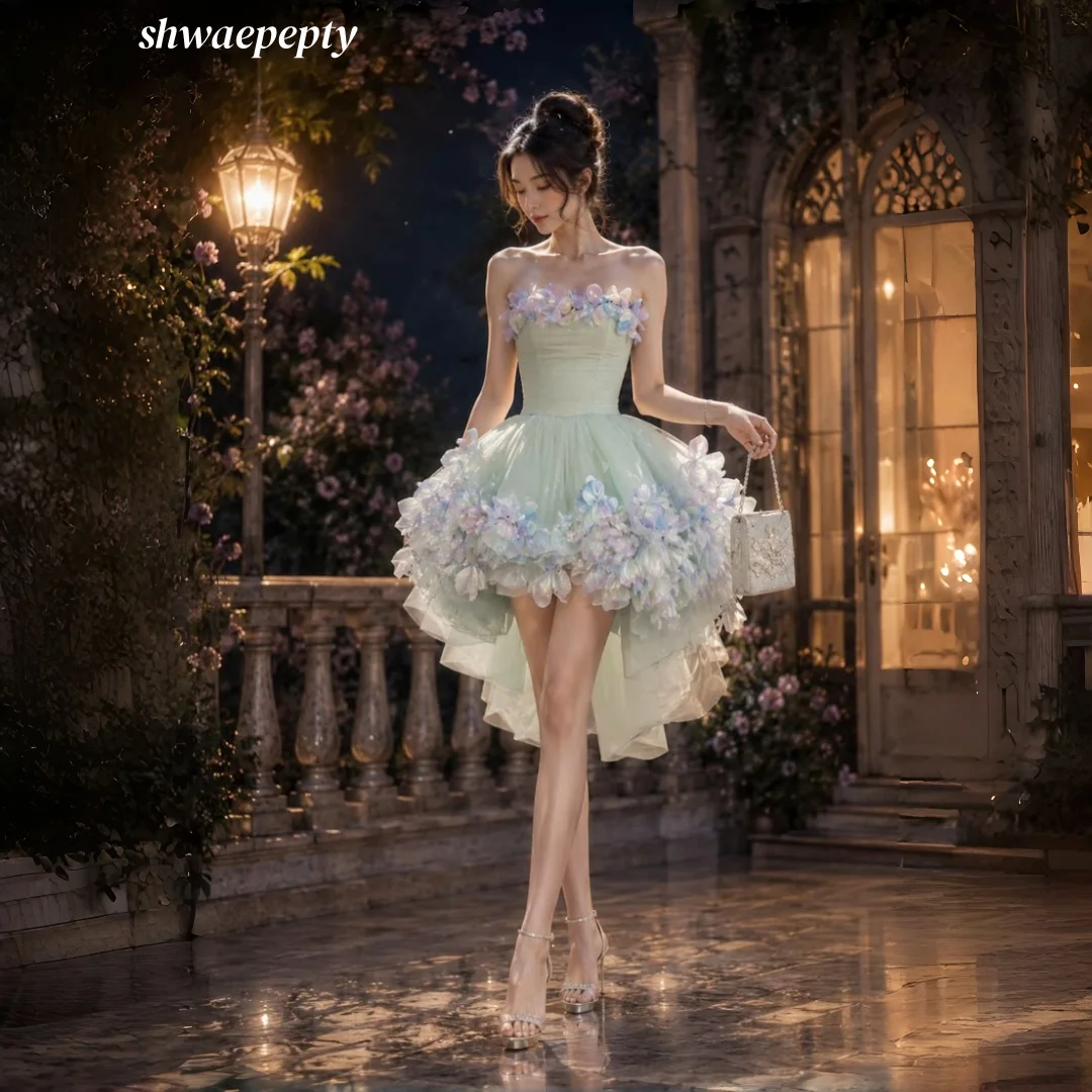 3D Gradient Floral Tulle High‑Low Short Prom Dress Mint Green Homecoming Dress Strapless Birthday Party Gown Customized